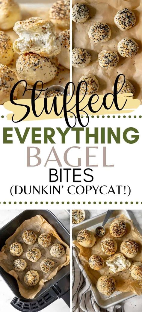 Skip the drive-thru with these homemade, grab and go stuffed everything bagel bites! With three ingredients, this recipe is a quick and easy Dunkin copycat that makes the perfect quick and easy breakfast option. Whether you call them bagel bites, bagel holes, or bagel bombs, all you'll need is 30 minutes, and an air fryer! Tortilla Bagel Bites, Homemade Stuffed Bagel Bites, Dunkin Bagel Minis Recipe, Everything Bagel Buns, Dunkin Bagel Bites, Everything Bagel Bits, Air Fryer Bagel Bites, Stuffed Bagel Bites Recipe, Bagel Bites In Air Fryer