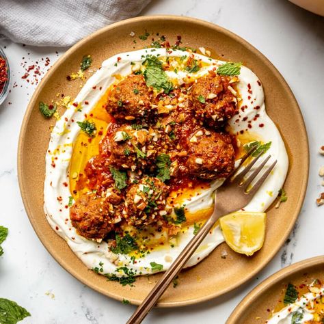 The Best Moroccan-Inspired Meatballs - Fed & Fit Moroccan Chicken Meatballs, Medditeranean Meatballs, Moroccan Main Dish, Mediterranean Dinner Party Recipes, Moroccan Meatballs Recipes, Fall Meatball Recipes, Zaatar Meatballs, Moroccan Dinner Recipes, Tagine Meatballs