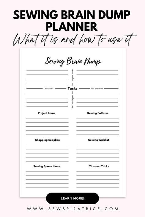 Struggling to organize your sewing ideas and inspiration? A sewing brain dump planner is the perfect tool to streamline your creative thoughts. This post will show you how to use a sewing planner to keep track of all your projects, fabric ideas, and patterns. Learn to stay focused and organized! Save this pin to get started today! Brain Dump Printable, Sewing Planner, Creative Thoughts, Sewing Spaces, Planner Essential, Sewing Space, Fabric Ideas, Must Have Tools, Brain Dump