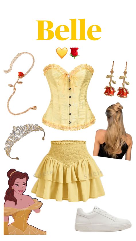 Halloween Costume Corset Ideas, Halloween Costumes Cute Solo, Simple Belle Costume, Bad Princess Costume, Princess Costume With Corset, Belle Corset Costume, Disney Princess Corset Costume, Bell Costume Ideas, Halloween Costume Collage