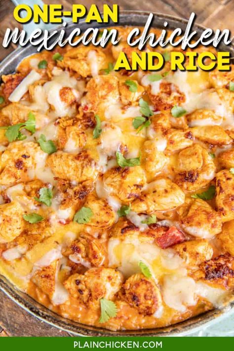 Spanish Rice Dishes With Chicken, One Pot Mexican Rice Casserole Chicken, Chicken With Spanish Rice Recipes, One Pan Mexican Chicken And Rice, Cheesy Chicken Mexican Rice, Mexican Chicken Rice Recipes, Quick Mexican Chicken Recipes, Queso Chicken And Rice Casserole, Cheesy Mexican Rice Casserole