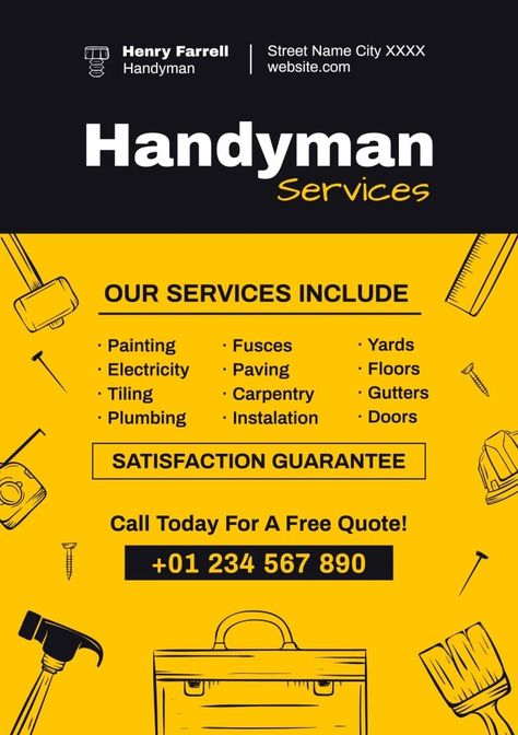 Doodle Monocolor Henry Farrell Handyman Flyer Handyman Services Flyer, Handyman Quotes, Handyman Flyer, General Contractor Business, Coffee Shop Business Plan, Handyman Logo, Handyman Business, Unique Business Names, Make A Flyer