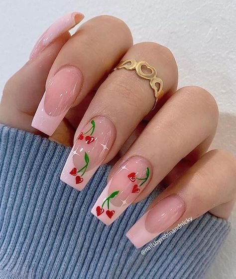 Cherry Nails Black, Cherry Nails Coffin, Spring Nails Cherry, Square Cherry Nails, Nail Ideas Cherry, Almond Cherry Nails, Cherry Nails Square, Cherry Nails Almond, Cherry Nails Pink