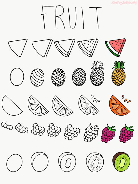 Fruit, doodles, how to, how to draw fruit, doodles, doodling, orange, watermelon, raspberry, pineapple, kiwi Doodling Ideas For Beginners, Doodle How To Draw, Fruit Art Easy, Fruits Doodle Drawings, How To Draw Watermelon Step By Step, Orange Cute Drawing, How To Draw A Raspberry, Easy Doodles For Journal, Doodles How To