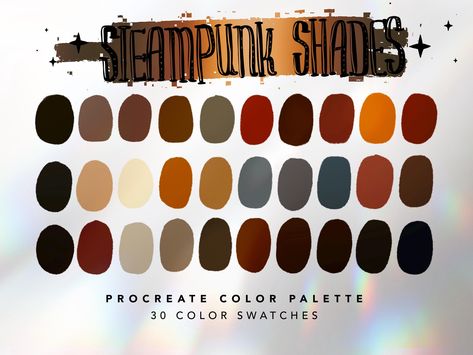 Steampunk Shades Color Palette For Procreate This color palette contains 30 color swatches to use in Procreate App. These colors were handpicked and were inspired by steampunk. ⭐️ || YOU WILL RECEIVE || ⭐️ 1 x Procreate Palette Instructions 1 x JPG file with all swatches 1 x Steampunk Shades Color Palette for Procreate || .swatches file ⭐️ || HOW TO USE || ⭐️ 1. You will receive an email after you complete checkout with a link to download the files. 2. You can also log into your Etsy account on Steampunk Colors Palette, Procreate Metallic Palette, Dieselpunk Color Palette, Armor Color Palette, Steampunk Colour Palette, Hogwarts Color Palette, Mythical Color Palette, Wild West Color Palette, Vampire Color Palette