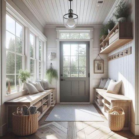 Mudroom With Lots Of Windows, Breezeway Ideas To Garage Enclosed Cozy, Mudroom Side Entrance, Home Breezeway, Indoor Breezeway Ideas, Exposed Brick Mudroom, Mudroom Ideas With Window, Breezeway Ideas To Garage Enclosed Mudroom, Small Breezeway Ideas Enclosed