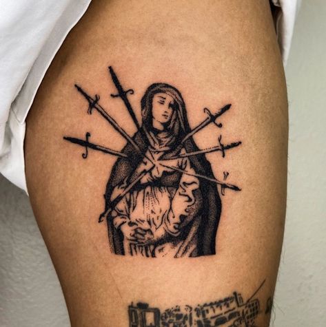 Madonna Tattoo, Mother Mary Tattoos, Saint Tattoo, Catholic Tattoos, Lady Of Sorrows, Mary Tattoo, Forarm Tattoos, Hand Poked Tattoo, Doodle Tattoo