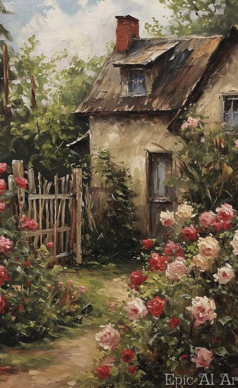 Rose Garden Oil Painting, Countryside Decor, Books Stickers, Cottage Painting, Wood Prints, Arte Van Gogh, Cottage Art, Landscape Art Painting, World Of Fantasy