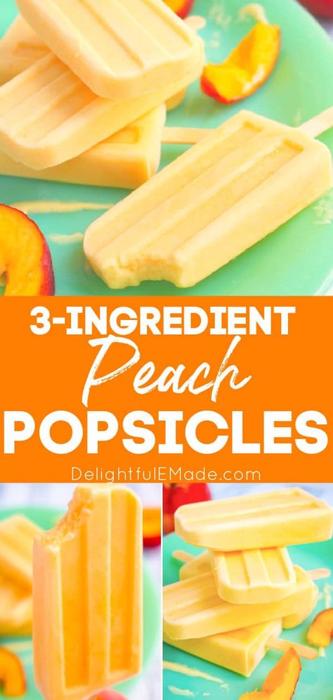 Homemade Popsicles Yogurt, Homemade Peach Popsicles, Peach Ice Pops, Best Popsicle Recipes, Home Made Popsicles With Fruit, Easy Healthy Popsicle Recipes, Pineapple Popsicles Recipes, Peaches And Cream Popsicles, Peach Popsicle Recipes