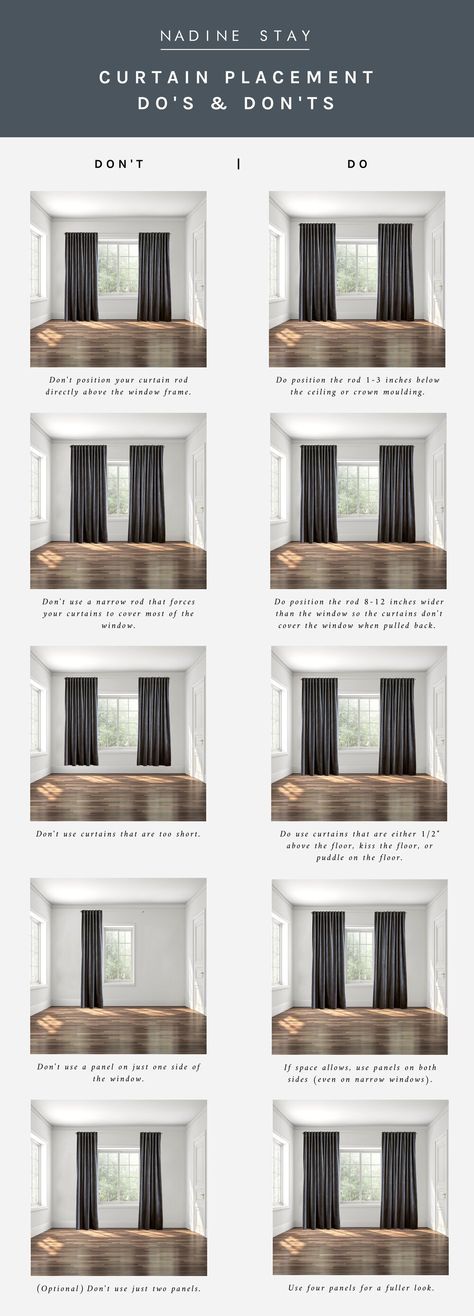 THE DO'S + DON'TS OF CURTAIN PLACEMENT | Nadine Stay Four Curtain Panels One Window, Hide Fireplace Opening, Curtain Dos And Dont, Windows With One Curtain Panel, Curtains All Around The Room, Curtain And Blinds Ideas, 3 Curtain Panels On One Window, Window Blinds With Curtains, 10 Ft Ceilings Living Room Curtains