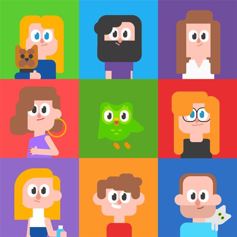 Duolingo - Make It Fun on Behance Character Flat Design, Cartoon Characters As Humans, Creative Book Covers, Vector Character Design, Digital Painting Techniques, Kid Projects, Book Illustration Art, Motion Design Animation, Cartoon Background