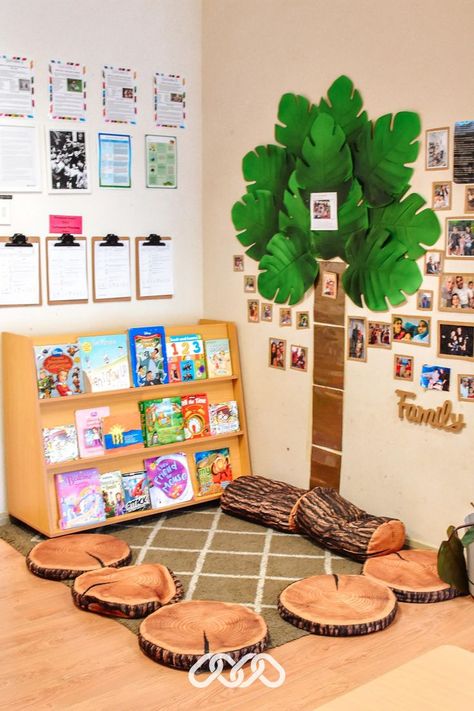 Reading corner with wooden log-look cushions and family tree photo wall Montessori, Nursery Reading Corner, Preschool Room Layout, Toddler Daycare Rooms, Home Daycare Rooms, Montessori Preschool Classroom, Infant Room Ideas, Montessori Daycare, Daycare Room Ideas