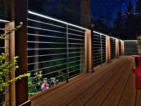 Decking Designs, Composite Decking Designs, Metal Deck Railing, Outdoor Deck Lighting, Deck Outdoor, Deck Railing Design, Modern Outdoor Spaces, Led Deck Lighting, Modern Deck