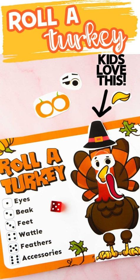 Kids will love creating their own turkey in this fun roll a turkey game! All you need to do is print out the pieces, make a few cuts, and you're ready to play! Laminate for fun for Thanksgiving for years! Roll A Turkey, Turkey Games, Thanksgiving Favors, Thanksgiving Family, Halloween Party Games, Thanksgiving Games, Thanksgiving Celebration, Easy Thanksgiving, Thanksgiving Fun