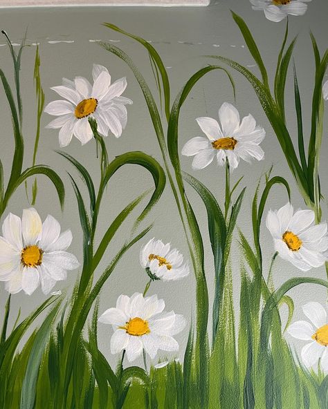 The daisy that speaks to you and brightens up your day. . . . . . [ wall mural, artist, home decor, painting, art for home, daises, flower garden, floral artist, little flowers] Daisy Wall Mural Diy, Painting Flowers On Wall, Hand Painted Flowers On Wall, Painted Flowers On Wall, Daisy Mural, Daisy Flower Painting, Wall Painting Flowers, Painted Daisy, Artist Home