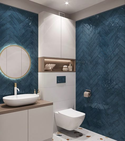 White And Aqua Bathroom, Turquoise And Grey Bathroom, Blue Toilet Room, Bathroom Ideas Blue And White, Small Bathroom Blue, Toilet Tiles Design, Blue Small Bathrooms, Makeover Kamar Mandi, Tiled Wall