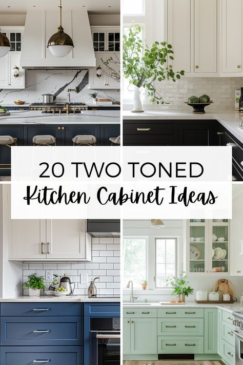 Check out these 20 amazing modern farmhouse color combos for two-toned kitchen cabinets. From classic wood and white to trendy greens, bold blacks, and calming blues, there's something here to make your kitchen pop! Kitchen With White And Blue Cabinets, Farmhouse Kitchen Two Tone Cabinets, Colour Kitchen Cabinets Ideas, Kitchen Remodel 2 Tone Cabinets, Kitchen Island Paint Colors Ideas, Black And White Farmhouse Kitchen Ideas, Dual Color Kitchen Cabinets Two Tones, Two Tone Kitchens With Islands, Kitchen 2 Tone Cabinets