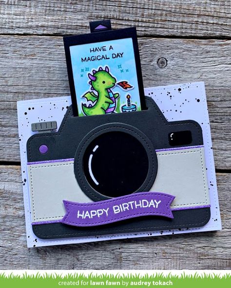 Lawn Fawn Intro: Magic Iris Camera Add-On, Magic Iris Camera Pull-Tab Add-On - Lawn Fawn Kraf Kertas, Birthday Card Craft, Birthday Sentiments, Happy Cards, Interactive Cards, Camera Cards, Birthday Cards Diy, Paper Crafts Diy Kids, Lawn Fawn