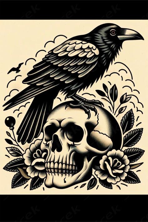 Drawn to the lore behind crow tattoos? Discover the stories, myths, and cultural significances that shape the symbolism of these intriguing designs. Explore ink and lore! Old School Crow Tattoo, Traditional Raven Tattoo Design, American Traditional Crow Tattoo, American Traditional Crow, Traditional Raven Tattoo, Traditional Tattoo Crow, Viking Animals, American Traditional Chest Tattoo, Traditional Crow Tattoo