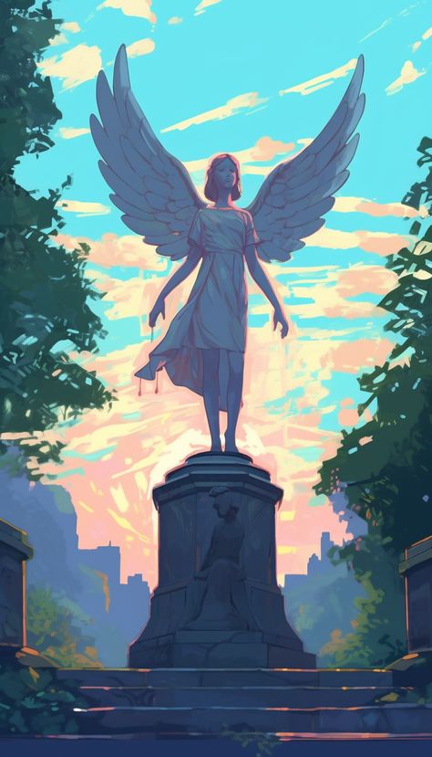 Mid Journey illustration of an angel in Montreal Statue Drawing Digital, Statue Illustration Graphic Design, Angel Statue Reference, Statue Drawing Reference, Dnd Statue, Statue Art Drawing, Statue Digital Art, Angel Pose Reference, Statue Illustration