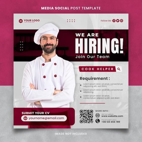 We are hiring chefs or cook helper job m... | Premium Psd #Freepik #psd #interview-poster #hiring-post #advertising-poster #recruitment-banner Hiring Advertisement, Helper Jobs, Hiring Poster, Job Poster, Millionaire Mindset Quotes, Job Celebration, Recruitment Poster, Youtube Business, Social Post