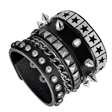 PRICES MAY VARY. Material:Premium Soft Faux Leather + Metal Alloy + Snap Button Clasp. Size Detail:Fit for wrist line:7-8 inches,total Length is about 8.5inches. Design:Handmade with square pyramid,round studded,metal chains,spikes,heart pendant elements,built to classic punk,stylish,cool and sweet jewelry set for 80's 90's rock star costumes. Scenes:Suitable for concert,birthday parties,proms,rave festival,theme party,all saints eve,or as fancy looks. Package:3 pcs black leather studded bracele Leather Bracelets, Rock Star Costumes, 90s Emo, Rocker Costume, Classic Punk, Gothic Chokers, Leather Rivets, Wrist Cuffs, Leather Collar