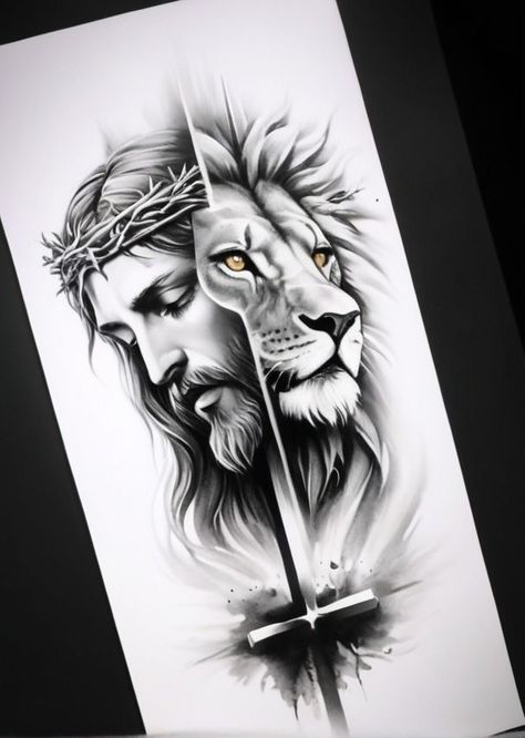 Jesus Lion Tattoo, Aesthetic Tattoo Designs, 59 Tattoo, Jesus Tattoo Sleeve, Koi Fish Tattoo Design, Fish Tattoo Design, Animal Stencil Art, Jesus Tattoo Design, Half Sleeve Tattoo Stencils