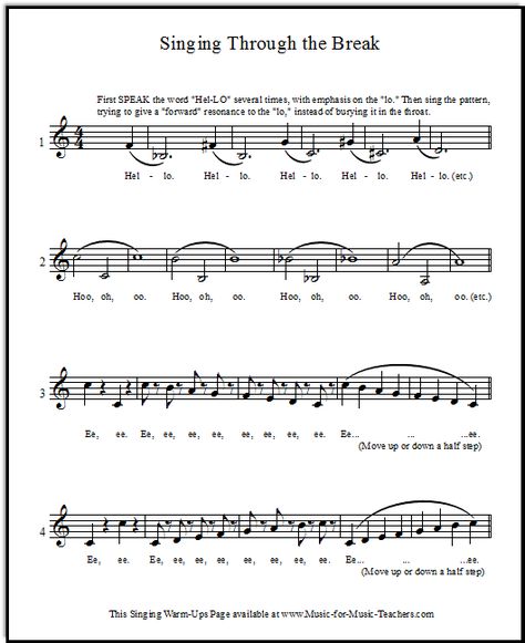 Vocal warm-up exercises for showing students how to sing through the break. These FREE singing warm-ups may be primarily an exercise in awareness at first! Vocal Warmups Singing, Singing Warm Ups, Vocal Exercises Singing, Teaching Choir, Singing Training, Vocal Warmups, Singing Quotes, Singing Techniques, Learn Singing