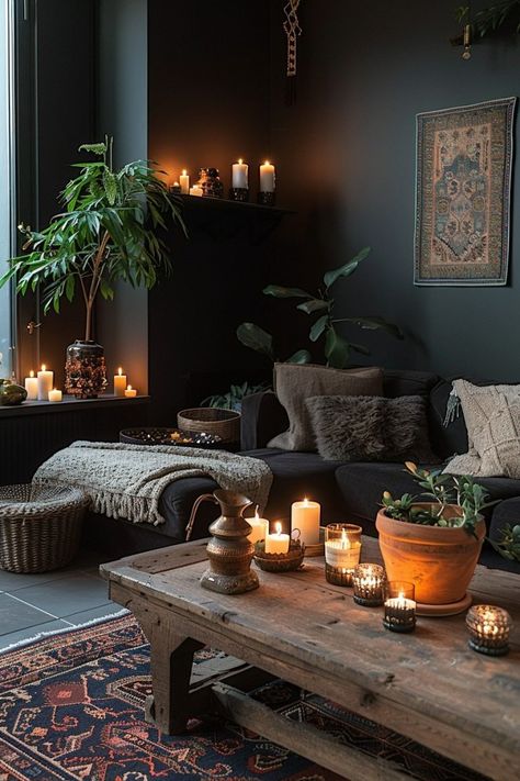 29 Dark Boho Living Room Ideas 29 Dark Earthy Living Room, Goth Living Room, Dark Maximalism, Dark Living Room Ideas, Room Ideas Dark, Dark Boho Living Room, Mystical Decor, Dark Palette, Moody Living Room