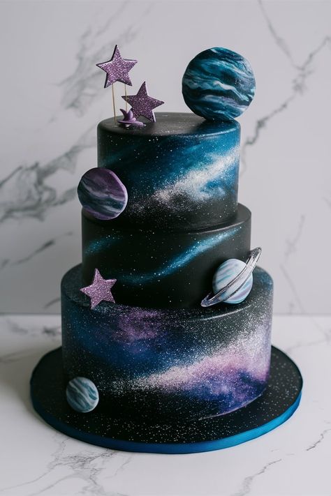 Celebrate in Style with this Gorgeous Milky Way Birthday Cake Aesthetic Space Theme Cake Kids, Night Sky Cake, Galaxy Themed Cake, Starry Night Birthday, Space Themed Birthday Cake, Galaxy Birthday Cake, Chocolate Techniques, Celestial Cake, Space Theme Cake