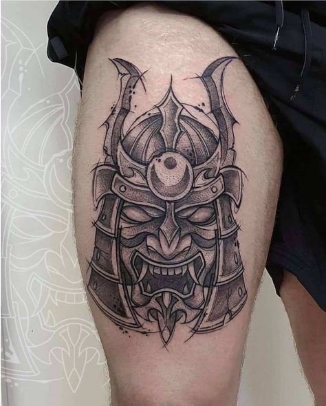 Giant Thigh Samurai Tattoo Black Idea Samurai Tattoo Ideas, Shogun Tattoo, Thigh Tattoo Men, Upper Thigh Tattoos, Thigh Tat, Helmet Tattoo, Tatted Men, Full Leg Tattoos, Thigh Tattoo Designs