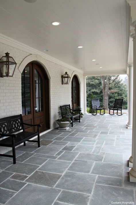 modern farmhouse atlanta004. Two arched French doors lead into the dining room from the front porch. Arched French Doors, Veranda Design, Farmhouse Porch Decor, Driveway Ideas, Side Walk, Porch Tile, Farmhouse Patio, Building A Porch, Farmhouse Front Porches