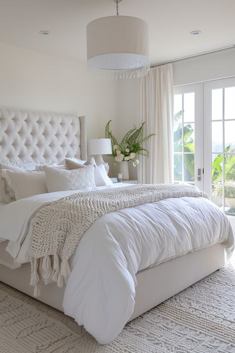 Master Bedrooms Decor White Bed, Bedding Inspiration Modern, White And Ivory Bedroom Ideas, Dream Guest Bedroom, Nice Bedding Ideas, Timeless Home Decor Ideas, Apartment Bedroom Inspo Aesthetic, Inviting Bedroom Ideas, Elegant Apartment Bedroom