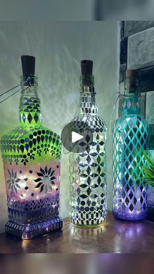 Bottle Art For Diwali, Wall Lamp Diy, Lightning Ideas, Diy Bottle Lamp, Wall Lamps Diy, Wine Bottle Wall, Trending Crafts, Wine Bottle Lamp, Diwali Decorations At Home