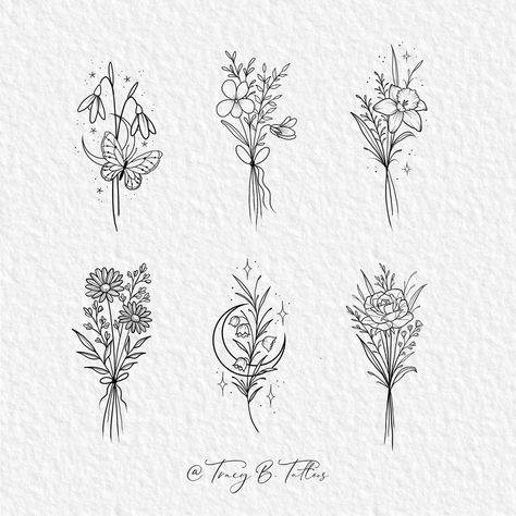 Flower Bouquet Tattoo, Bouquet Tattoo, Line Flower, Dainty Tattoos, Fine Line Tattoos, Line Tattoos, Fine Line, Birth Flowers, Tattoos And Piercings