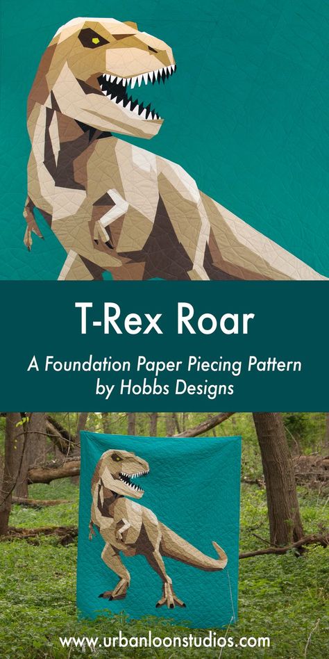 A Tyrannosaurus rex quilt in a wooded background. Dinosaur Quilt, Dinosaur Room, Foundation Paper Piecing Patterns, Paper Pieced Quilt, Dinosaur Pattern, Paper Piecing Patterns, Foundation Paper Piecing, Quilt Piecing, Paper Piecing