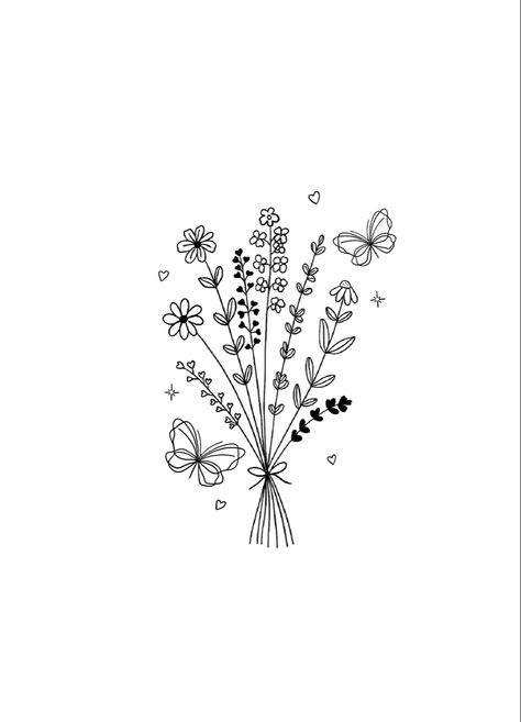 Fine Line Flower Drawings, Small Flower Doodles, Womens Tattoo Designs, Bouquet Of Flowers Drawing, Flower Butterfly Tattoo, Flower Bouquet Drawing, Line Art Flowers, Bouquet Tattoo, Small Pretty Tattoos