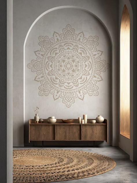 Mandala Wall Painting Living Rooms, Modern Textured Walls Interior Design, Big Mandala Art, Indian Wall Painting, Meditation Room Colors, Mandala Art Wall, Mandala Wall Stencil, Home Decor Painting Ideas, Wall Stencils Diy