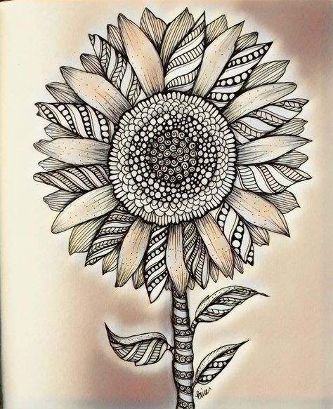 Zen sunflower #binazen #zentangle Flower Stencil Patterns, Sunflower Coloring Pages, Zentangle Flowers, Sunflower Drawing, Zentangle Artwork, Zen Tangle, Alcohol Ink Crafts, Sharpie Art, Tangle Art