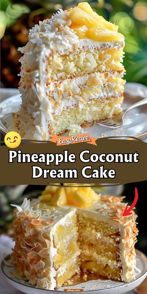 Pineapple Coconut Dream Cake Pineapple Dream Cake, Cheesy Ranch Potatoes, Tropical Desserts, Pudding Flavors, Desserts Ideas, Dairy Free Cake, Coconut Dream, Quick Treats, Coconut Frosting