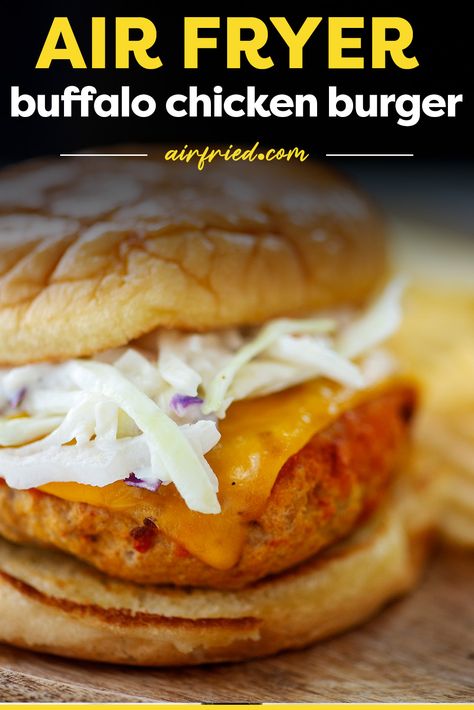 Air Fryer Buffalo Chicken Burgers cook perfectly in about 15 minutes! Buffalo sauce and a ranch slaw topping make these burgers so flavorful and a fun twist from the usual. Buffalo Turkey Burgers, Ranch Slaw, Air Fryer Buffalo Chicken, Blue Cheese Chicken, Ground Turkey Burgers, Buffalo Chicken Burgers, Chicken Hamburger, Ground Chicken Burgers, Buffalo Burgers