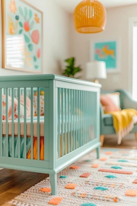 Bright Colorful Nursery Ideas to Inspire You Fun Bright Nursery Ideas, Painting Nursery Furniture, Nursery Bright Colors, Blue And Pink Nursery Ideas, Colorful Unisex Nursery, Gender Neutral Nursery Ideas Colorful, Boho Colorful Nursery, Girl Nursery Ideas Colorful, Baby Room Ideas Colorful