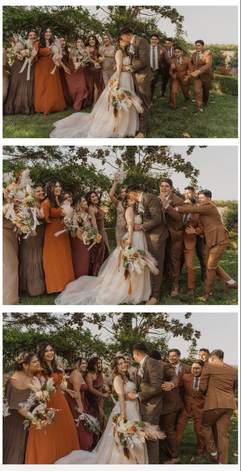 Wedding Fall Outfits, Brown And Orange Wedding Colors, Maroon Tan Green Wedding, Groomsmen Attire Autumn Wedding, Orange Green Tan Wedding, Rustic Fall Wedding Bridesmaids Dresses, Terracotta Mix And Match Bridesmaid Dresses, Brown Tux Groomsmen, Rust Fall Wedding Color Schemes