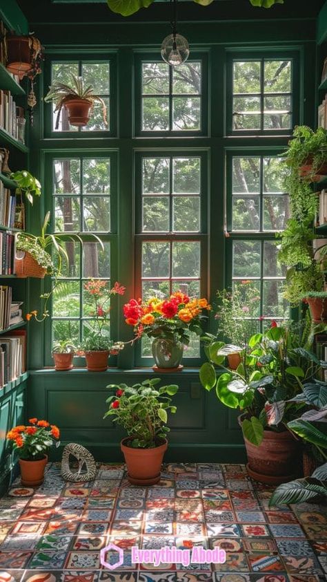 Sunroom Organization Ideas, Sage Green Sunroom, Conservatory Ideas Uk, Sunroom Paint Ideas, Moody Sunroom, Castle Conservatory, Sunroom With Plants, Small Conservatory Interiors, Vintage Sunroom