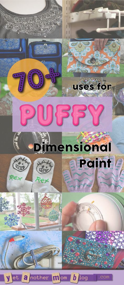 70+ uses for Puffy Paint (aka Dimensional Fabric Paint). It's not just for decorating T-shirts! Use for home decor items, jewelry, accessories, holiday decorations, non-skid and non-scratch applications, solutions for visually impaired and more! Puffy Paint Crafts Art Projects, Puffy Fabric Paint, Dimensional Fabric Paint Ideas, Puffy Fabric Paint Ideas, 3d Fabric Paint Ideas, Fabric Paint Crafts Ideas, Fabric Paint Crafts, Puffy Paint Tshirt Ideas, Tulip Fabric Paint Ideas