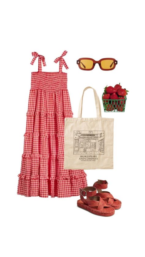 Red gingham trendy cool girl aesthetic outfit inspiration outfit idea trendy outfit Red And White Summer Outfit, Fun Skirt Outfits, Red Gingham Dress Outfit, Tomato Girl Outfit, Red Gingham Aesthetic, Tomato Girl Aesthetic Outfits, Gingham Outfit Aesthetic, Summer Outfits Board, Red Gingham Outfit