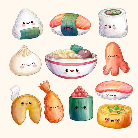 Cute Japanese Food Drawing, Cute Food To Draw, Cute Food Art Drawing Illustrations, Chibi Food Kawaii, Food Kawaii Illustration, Cute Drawings Food, Asian Food Drawing, Food Cute Drawing, Cute Food Drawings Kawaii