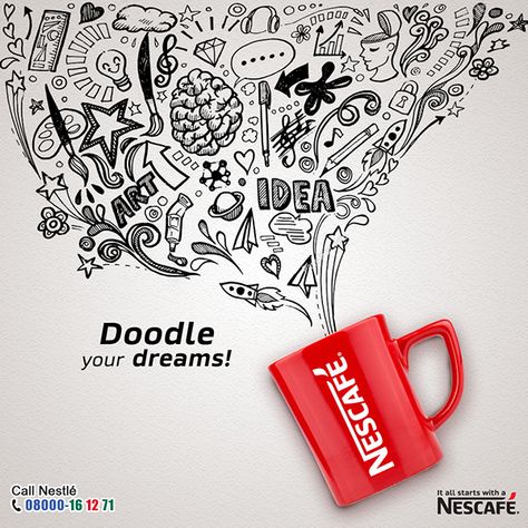 Doodle Art Advertising, Brand Advertising Poster, Coffee Advertisement Poster, Nescafe Advertisement Poster, Advertisement Drawing Ideas, Creative Advertising Design Graphics, Doodle Advertising, Doodle Poster Design, Nescafe Ads