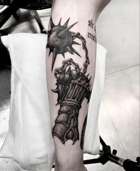 Hand Armor Tattoo, Knight Gauntlet Tattoo, Medieval Art Tattoo, Medevil Tattoo Designs, Knight Helmet Tattoo, Skeleton Arm Tattoo, Morningstar Tattoo, Gauntlet Tattoo, Dark Fantasy Tattoo