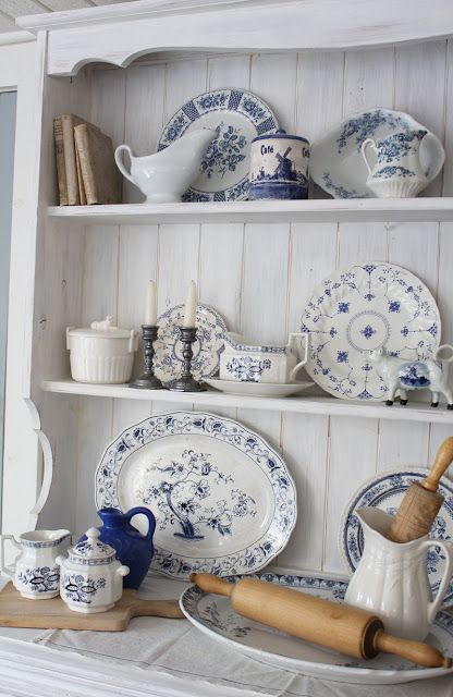 Blue and white hutch decorating- Itsy Bits And Pieces Blue And White Kitchen Decor, China Dresser, White Hutch, Millennial Decor, Dish Collection, Blue And White Dinnerware, Blue White Kitchens, White Things, Hutch Makeover